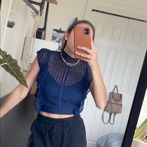 Ruffled navy cropped blouse